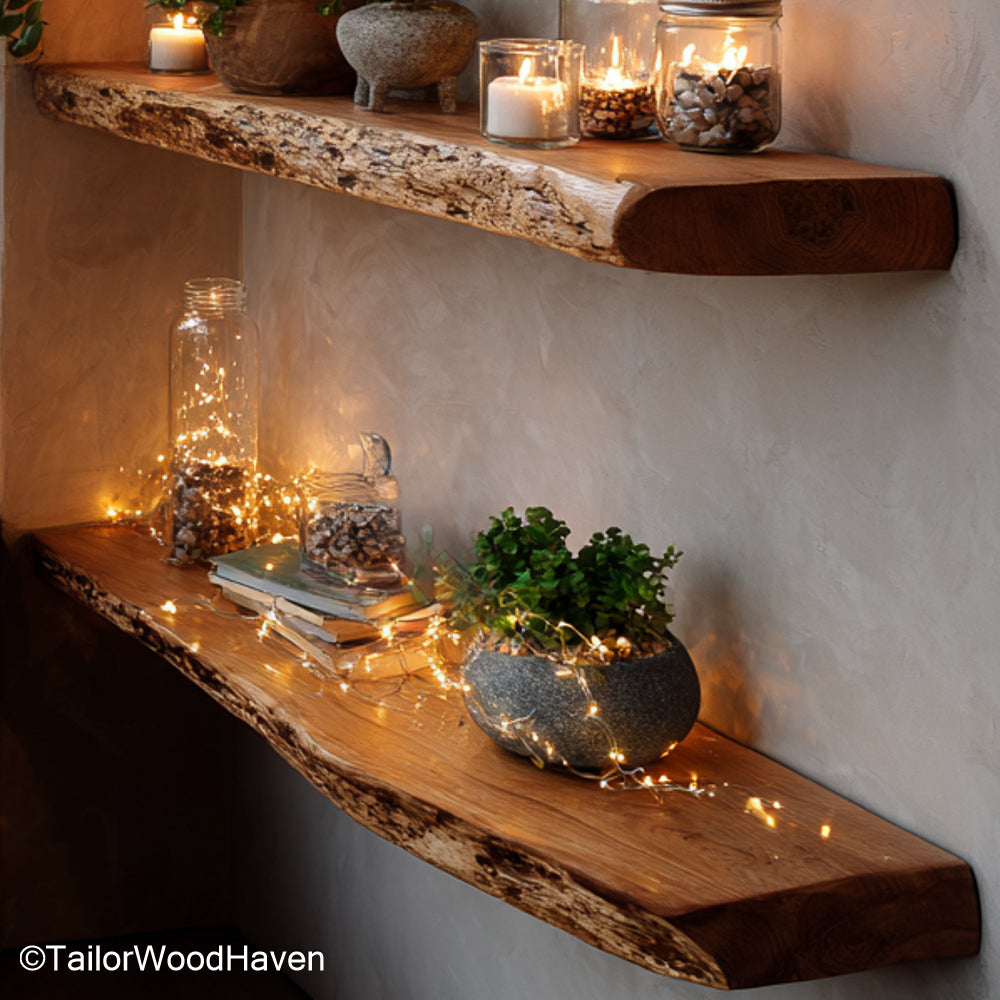 3 floating shelves handcrafted from real wood with clean edges and floating design, ideal for symmetrical wall styling in rustic or modern spaces