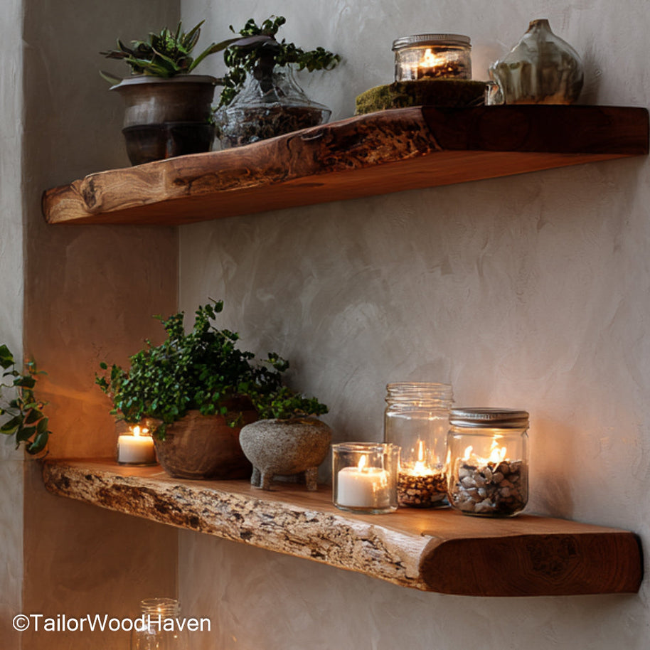 3 floating shelves handcrafted from real wood with clean edges and floating design, ideal for symmetrical wall styling in rustic or modern spaces