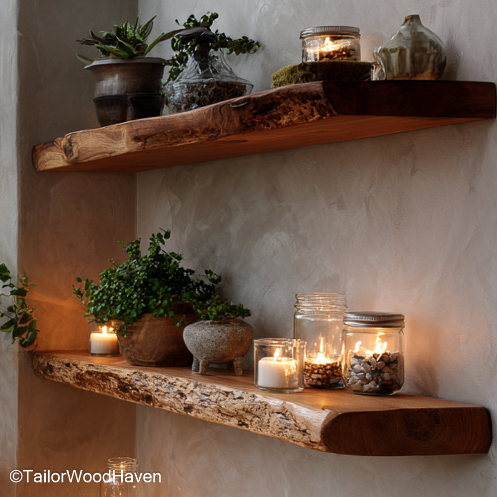 3 floating shelves handcrafted from real wood with clean edges and floating design, ideal for symmetrical wall styling in rustic or modern spaces