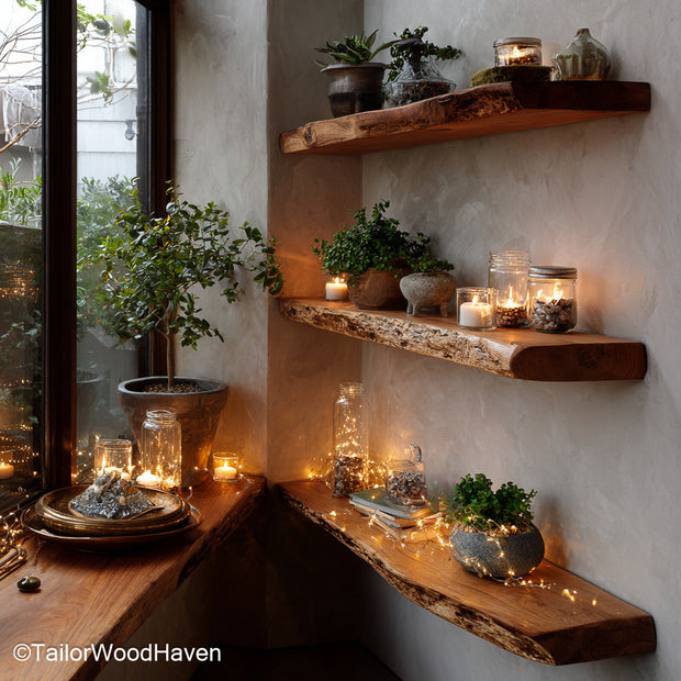 3 floating shelves handcrafted from real wood with clean edges and floating design, ideal for symmetrical wall styling in rustic or modern spaces