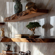 Wooden floating shelves living room made from real wood with bracket free floating design, offering stylish open storage for living spaces