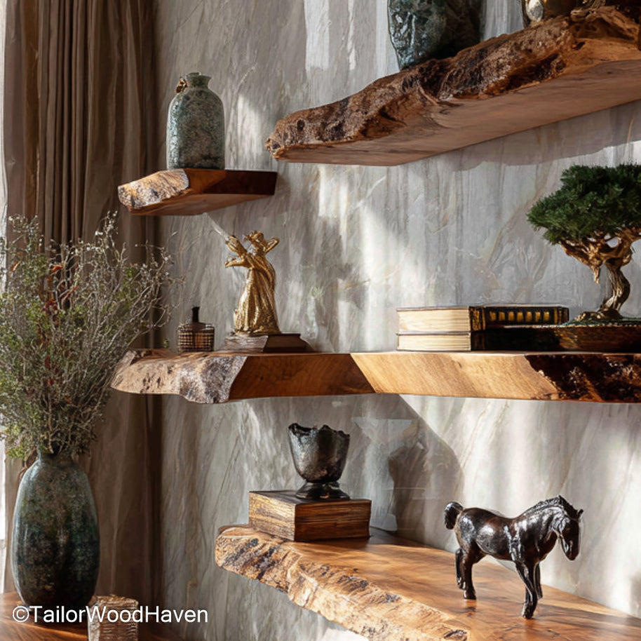 Wooden floating shelves living room made from real wood with bracket free floating design, offering stylish open storage for living spaces