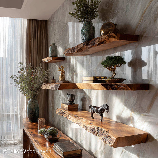 Wooden floating shelves living room made from real wood with bracket free floating design, offering stylish open storage for living spaces