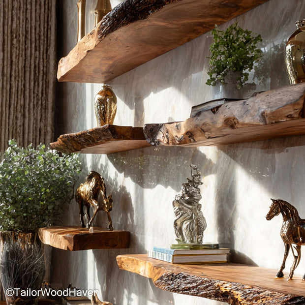 5 floating shelves crafted as a complete matching wood set with sealed finish and hidden supports, made for larger wall layouts or open displays