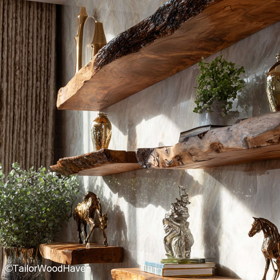 5 floating shelves crafted as a complete matching wood set with sealed finish and hidden supports, made for larger wall layouts or open displays