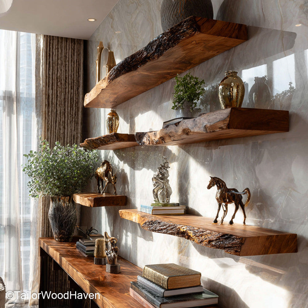5 floating shelves crafted as a complete matching wood set with sealed finish and hidden supports, made for larger wall layouts or open displays