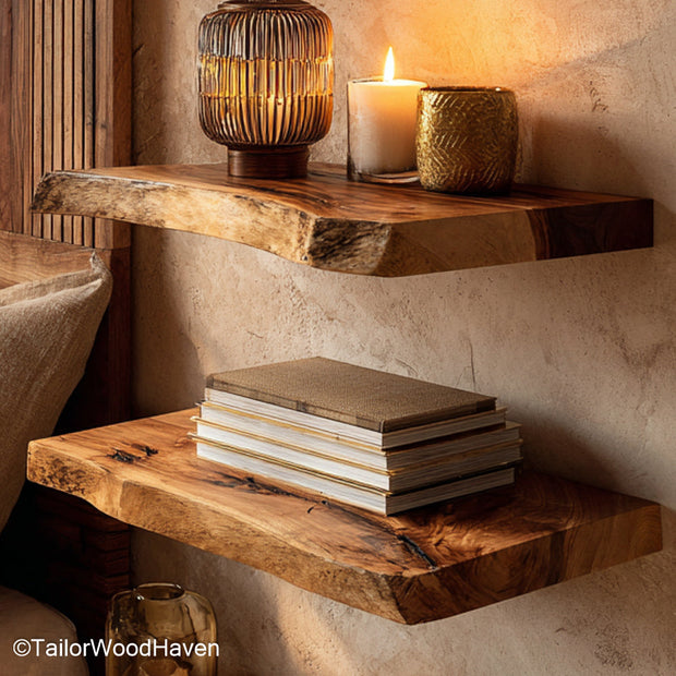 Wooden shelf rustic crafted from real wood with a distressed surface and bracket free support, designed for farmhouse or lodge style homes