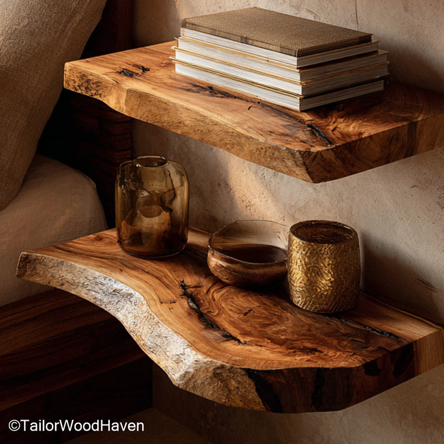 Wooden shelf rustic crafted from real wood with a distressed surface and bracket free support, designed for farmhouse or lodge style homes
