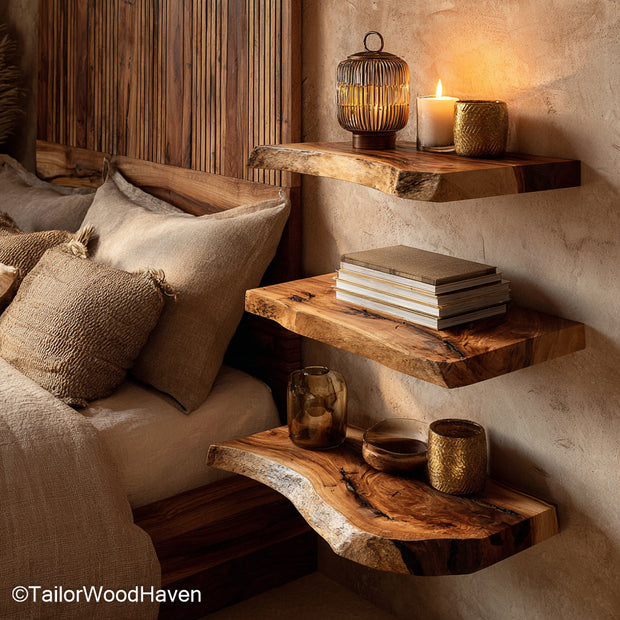 Wooden shelf rustic crafted from real wood with a distressed surface and bracket free support, designed for farmhouse or lodge style homes