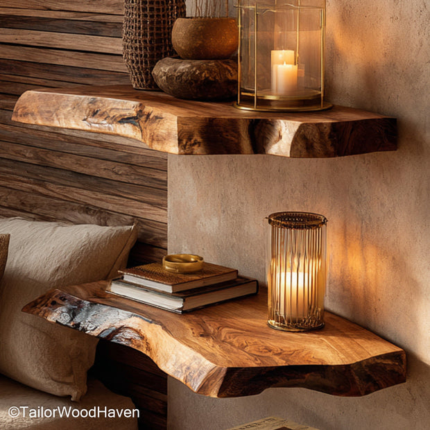 Live edge shelf built from a single raw slab with smooth top and bracket free support, a versatile piece for minimalist or rustic environments
