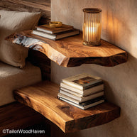 Live edge shelf built from a single raw slab with smooth top and bracket free support, a versatile piece for minimalist or rustic environments