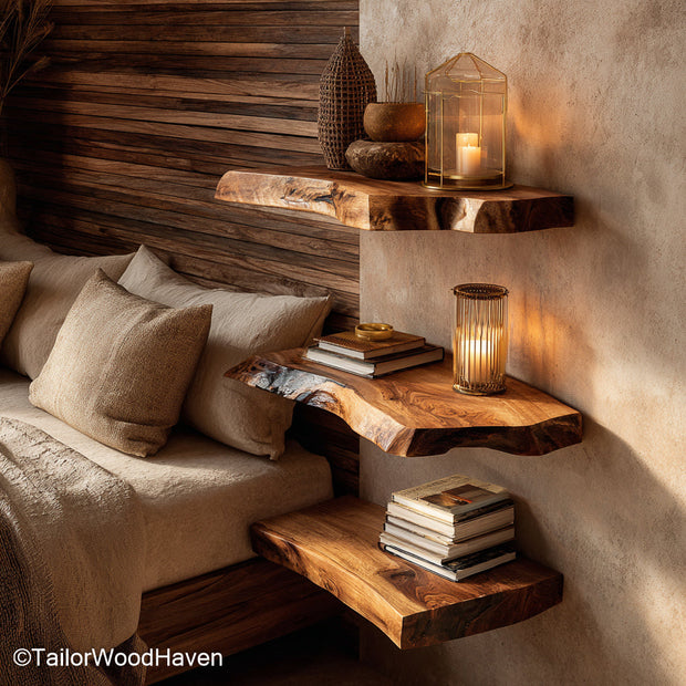 Live edge shelf built from a single raw slab with smooth top and bracket free support, a versatile piece for minimalist or rustic environments