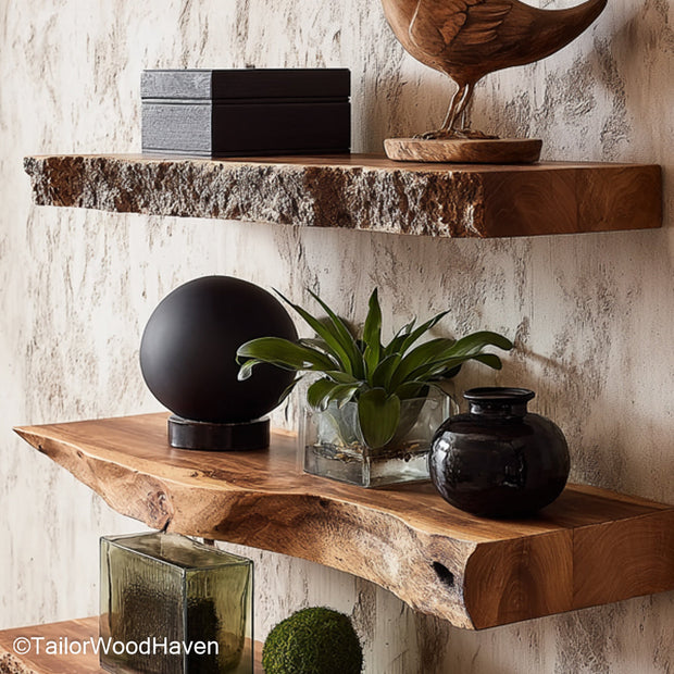 Wood rustic floating shelves designed from real wood with rough finish and bracket support, perfect for rustic kitchens or living spaces