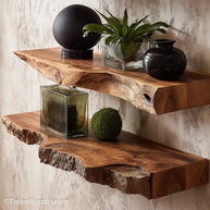 Wood rustic floating shelves designed from real wood with rough finish and bracket support, perfect for rustic kitchens or living spaces