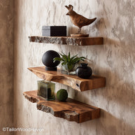 Wood rustic floating shelves designed from real wood with rough finish and bracket support, perfect for rustic kitchens or living spaces