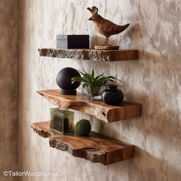 Wood rustic floating shelves designed from real wood with rough finish and bracket support, perfect for rustic kitchens or living spaces