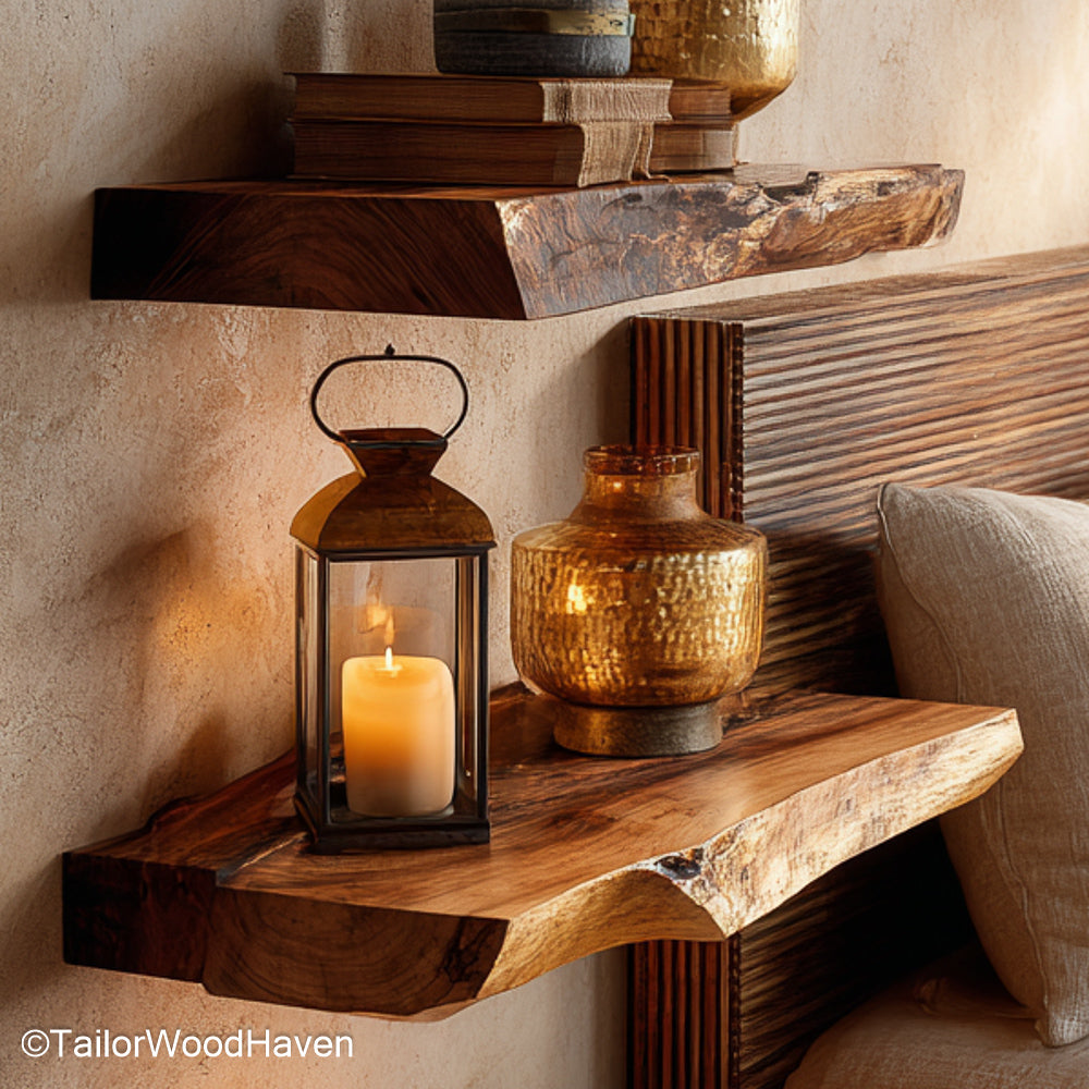 Dark walnut floating shelves built from dark stained walnut with rich grain and slim floating form, perfect for contrast in neutral toned rooms