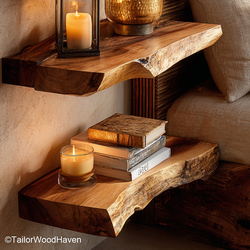 Dark walnut floating shelves built from dark stained walnut with rich grain and slim floating form, perfect for contrast in neutral toned rooms
