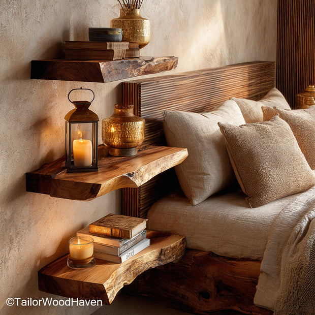 Dark walnut floating shelves built from dark stained walnut with rich grain and slim floating form, perfect for contrast in neutral toned rooms