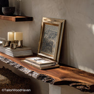 Rustic floating wood shelves crafted from vintage inspired timber with natural wear and wall mounted design, suited for farmhouse or cabin interiors