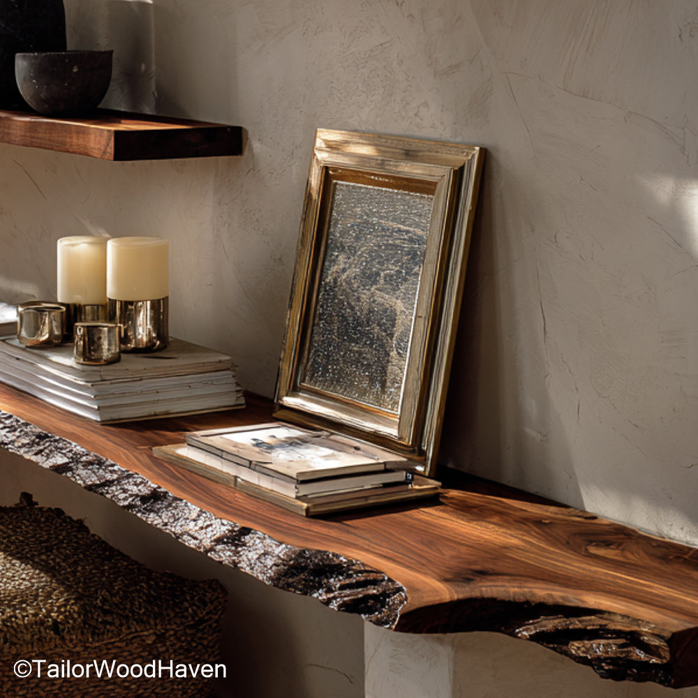 Rustic floating wood shelves crafted from vintage inspired timber with natural wear and wall mounted design, suited for farmhouse or cabin interiors