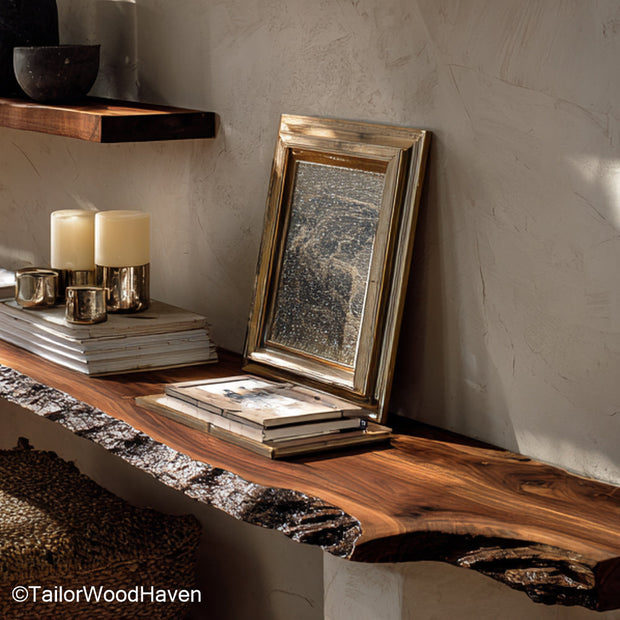 Rustic floating wood shelves crafted from vintage inspired timber with natural wear and wall mounted design, suited for farmhouse or cabin interiors