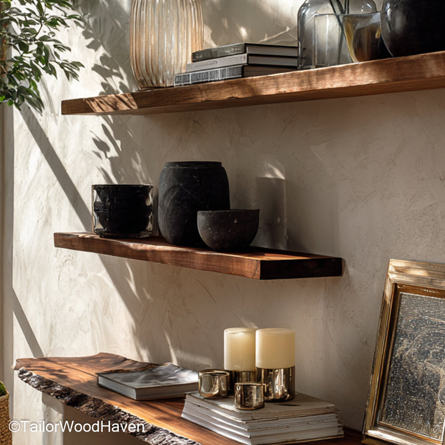 Rustic floating wood shelves crafted from vintage inspired timber with natural wear and wall mounted design, suited for farmhouse or cabin interiors