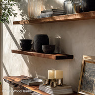 Rustic floating wood shelves crafted from vintage inspired timber with natural wear and wall mounted design, suited for farmhouse or cabin interiors