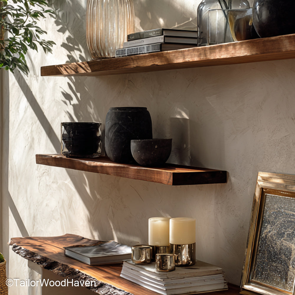 Rustic floating wood shelves crafted from vintage inspired timber with natural wear and wall mounted design, suited for farmhouse or cabin interiors