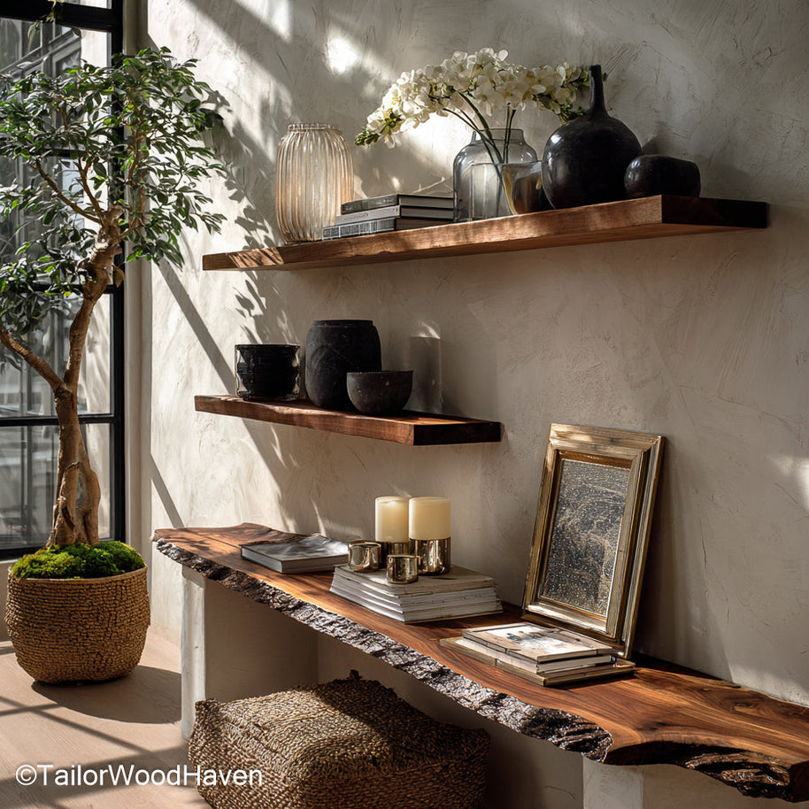 Rustic floating wood shelves crafted from vintage inspired timber with natural wear and wall mounted design, suited for farmhouse or cabin interiors