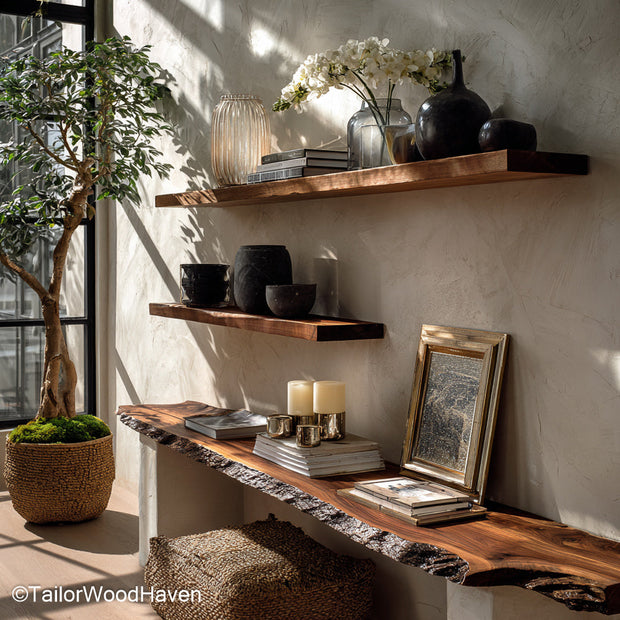 Rustic floating wood shelves crafted from vintage inspired timber with natural wear and wall mounted design, suited for farmhouse or cabin interiors