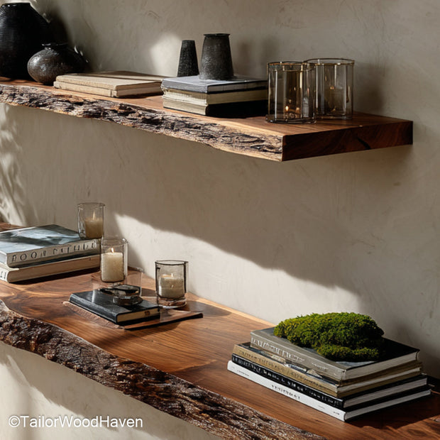 Live edge wood shelves designed with thick wood grain and freeform edge, wall mounted to offer natural storage solutions in any living space