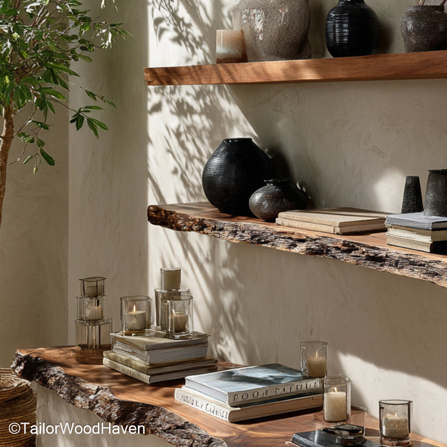 Live edge wood shelves designed with thick wood grain and freeform edge, wall mounted to offer natural storage solutions in any living space