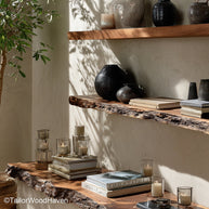 Live edge wood shelves designed with thick wood grain and freeform edge, wall mounted to offer natural storage solutions in any living space