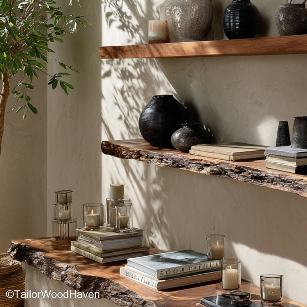 Live edge wood shelves designed with thick wood grain and freeform edge, wall mounted to offer natural storage solutions in any living space