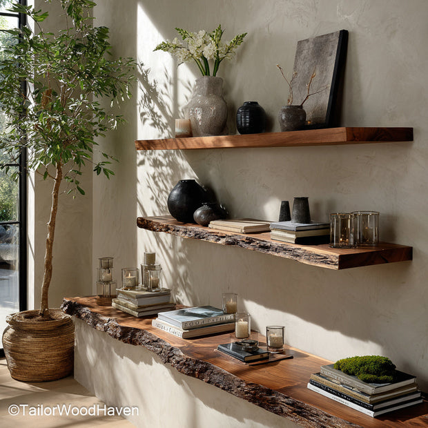 Live edge wood shelves designed with thick wood grain and freeform edge, wall mounted to offer natural storage solutions in any living space