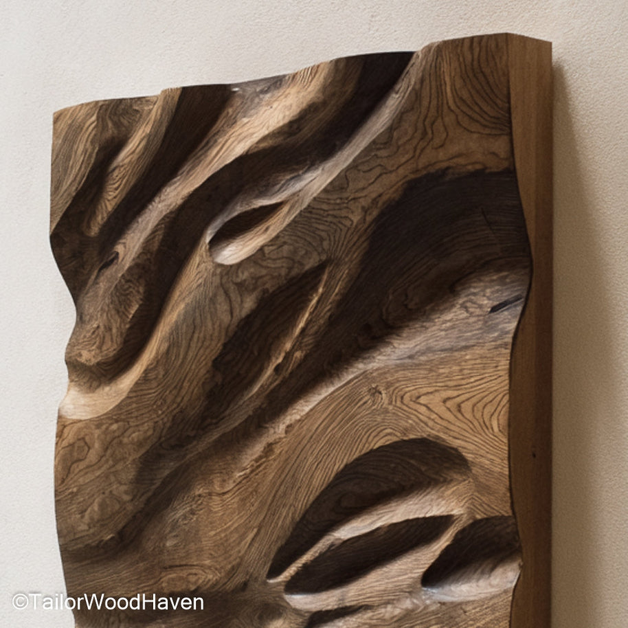 Wood Art 3D Dimensional Wood Art 3D Panel Featuring Carved Patterns in Solid Wood for a Rustic, Boho, or Organic Modern Wall Display