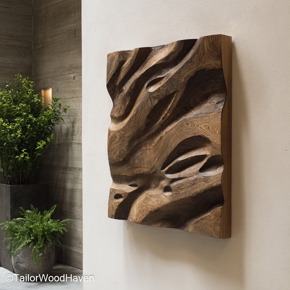 Wood Art 3D Dimensional Wood Art 3D Panel Featuring Carved Patterns in Solid Wood for a Rustic, Boho, or Organic Modern Wall Display