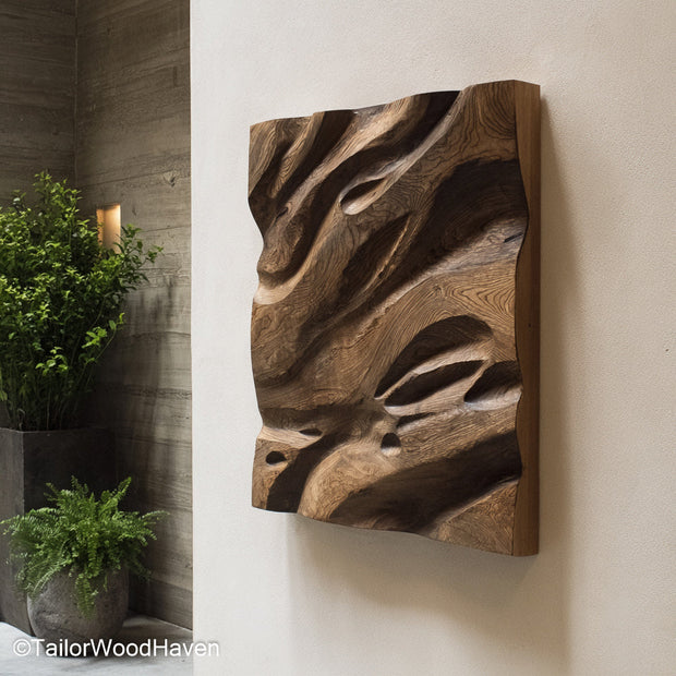 Wood Art 3D Dimensional Wood Art 3D Panel Featuring Carved Patterns in Solid Wood for a Rustic, Boho, or Organic Modern Wall Display