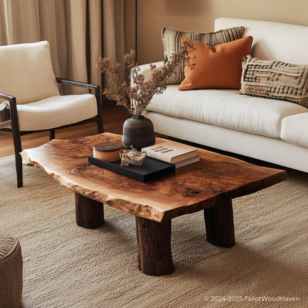 Wood Slab Coffee Table for Sale handcrafted from a single solid slab with visible grain and natural edge, available in custom finishes and sizes