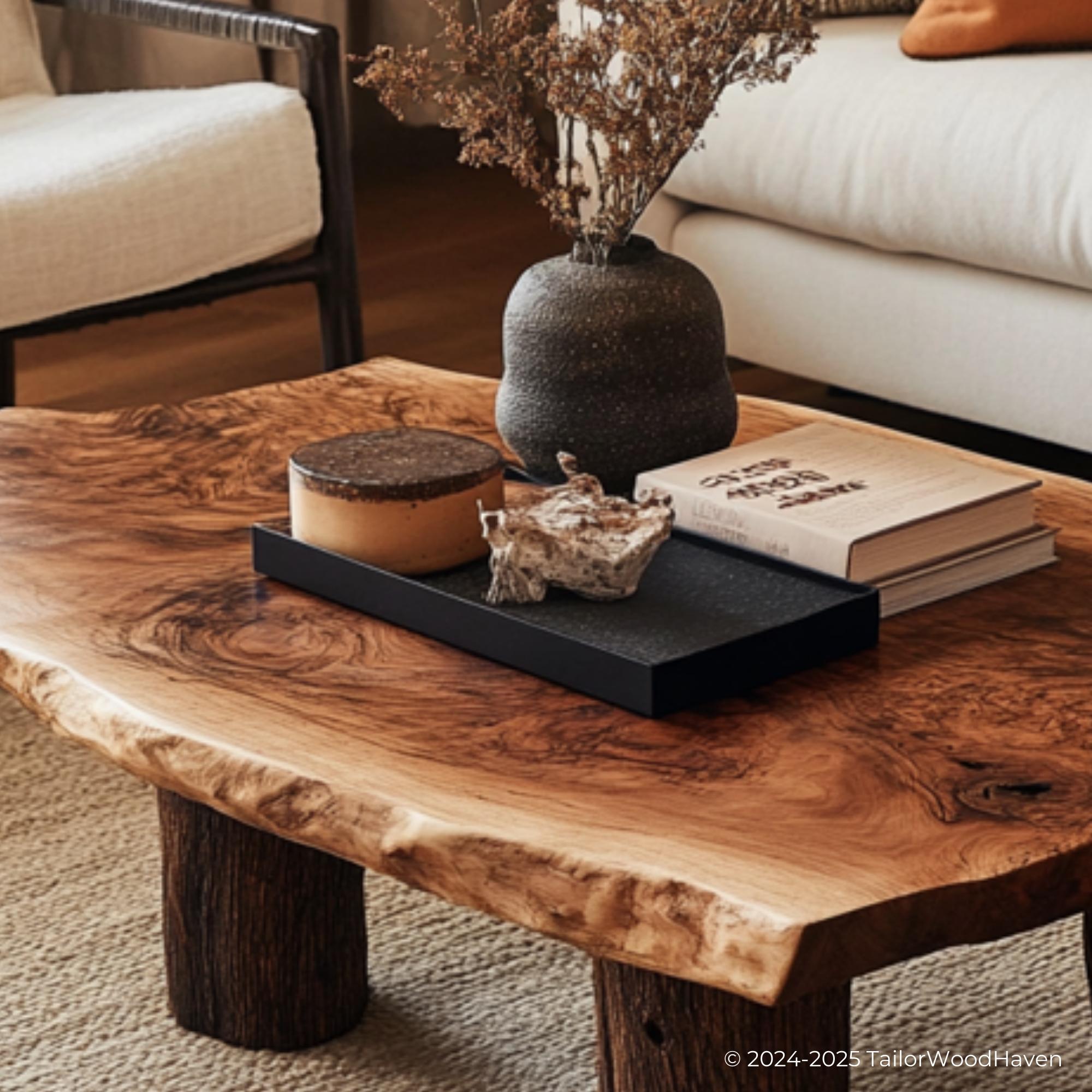 Wood Slab Coffee Table for Sale handcrafted from a single solid slab with visible grain and natural edge, available in custom finishes and sizes