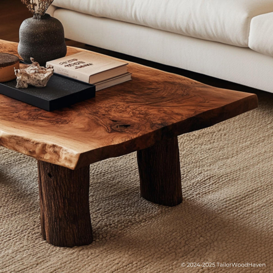Wood Slab Coffee Table for Sale handcrafted from a single solid slab with visible grain and natural edge, available in custom finishes and sizes