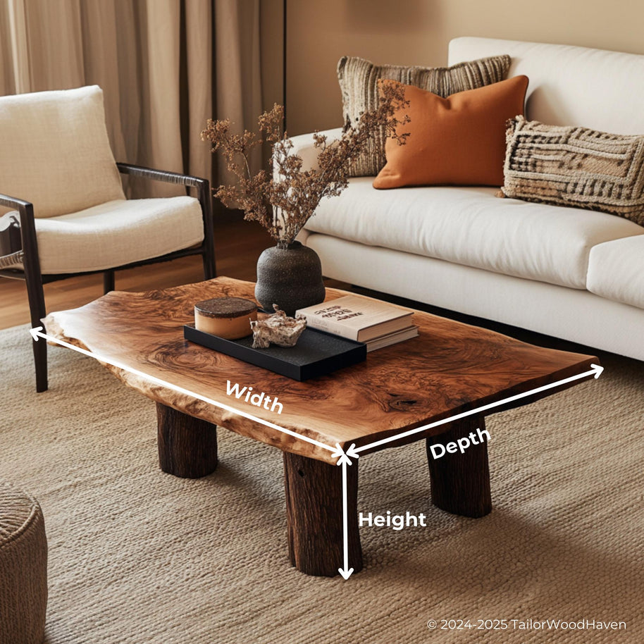 Wood Slab Coffee Table for Sale handcrafted from a single solid slab with visible grain and natural edge, available in custom finishes and sizes