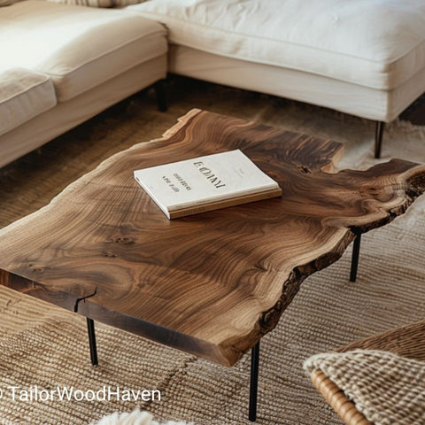 Rustic square live edge coffee table with black metal legs, seen from above with a book