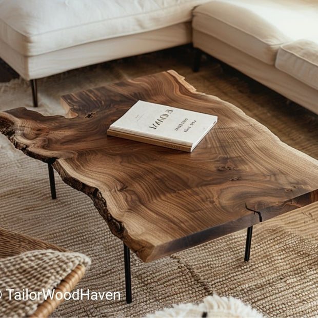 Rustic Square Coffee Table With Natural Wood Slab