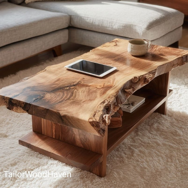 Rustic Coffee Table With Shelf and Natural Live Edge Wood