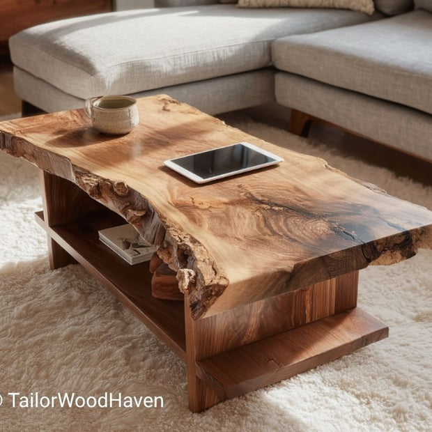 Rustic Coffee Table With Shelf and Natural Live Edge Wood
