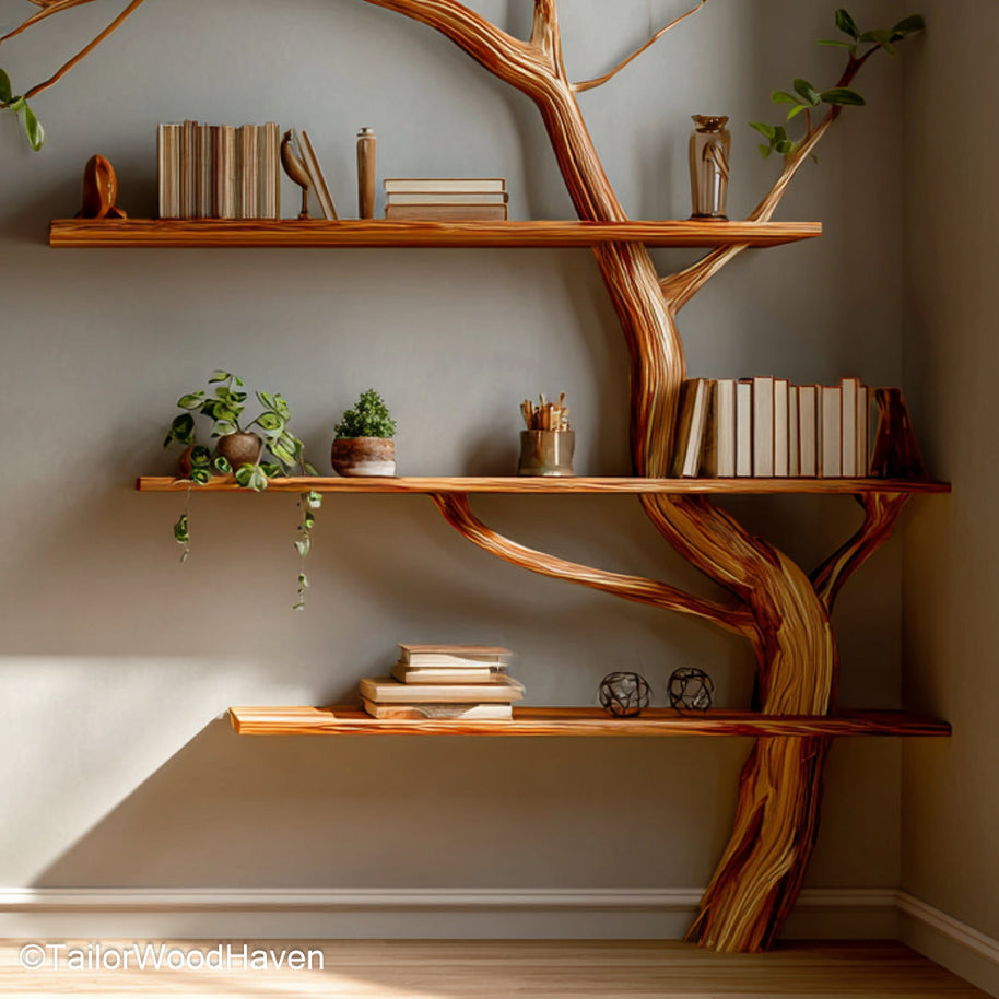 Corner Shelf Tree Wooden Corner Bookshelf in Sculptural Tree Design for Rustic and Space Saving Storage