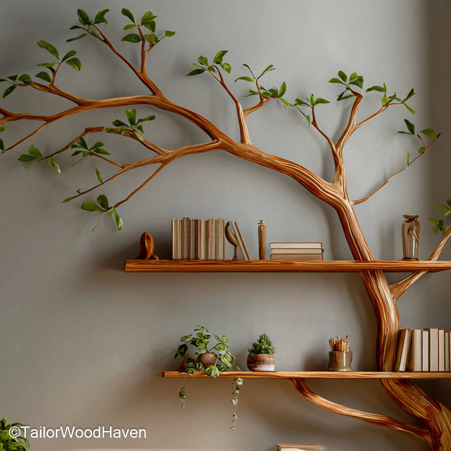 Corner Shelf Tree Wooden Corner Bookshelf in Sculptural Tree Design for Rustic and Space Saving Storage