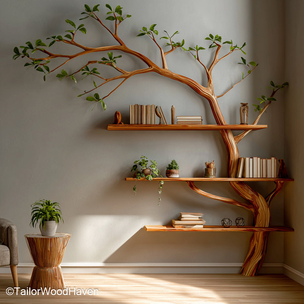 Corner Shelf Tree Wooden Corner Bookshelf in Sculptural Tree Design for Rustic and Space Saving Storage